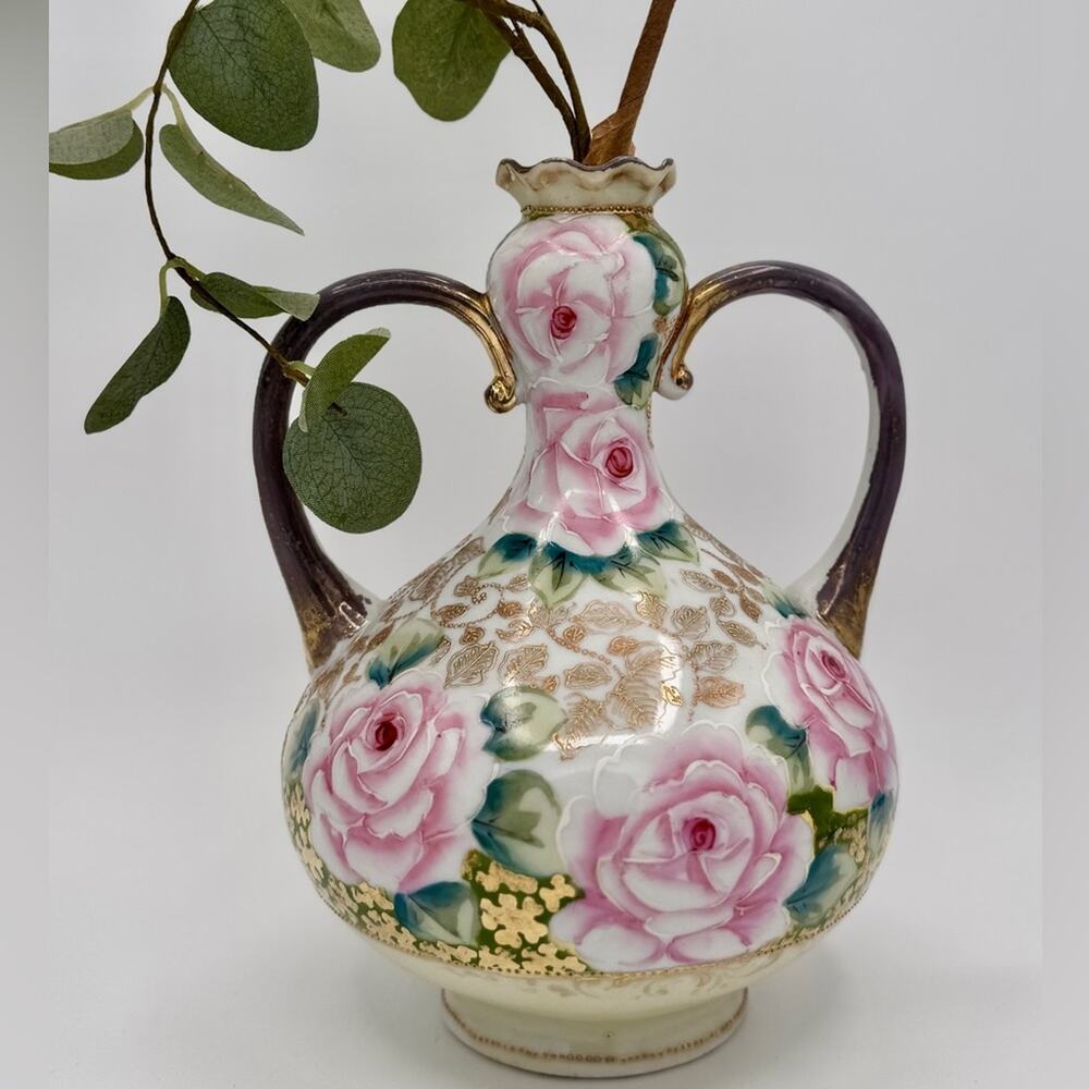 Antique Nippon Pink and Gold Porcelain Vase with Elegant Floral Accents & Gilt